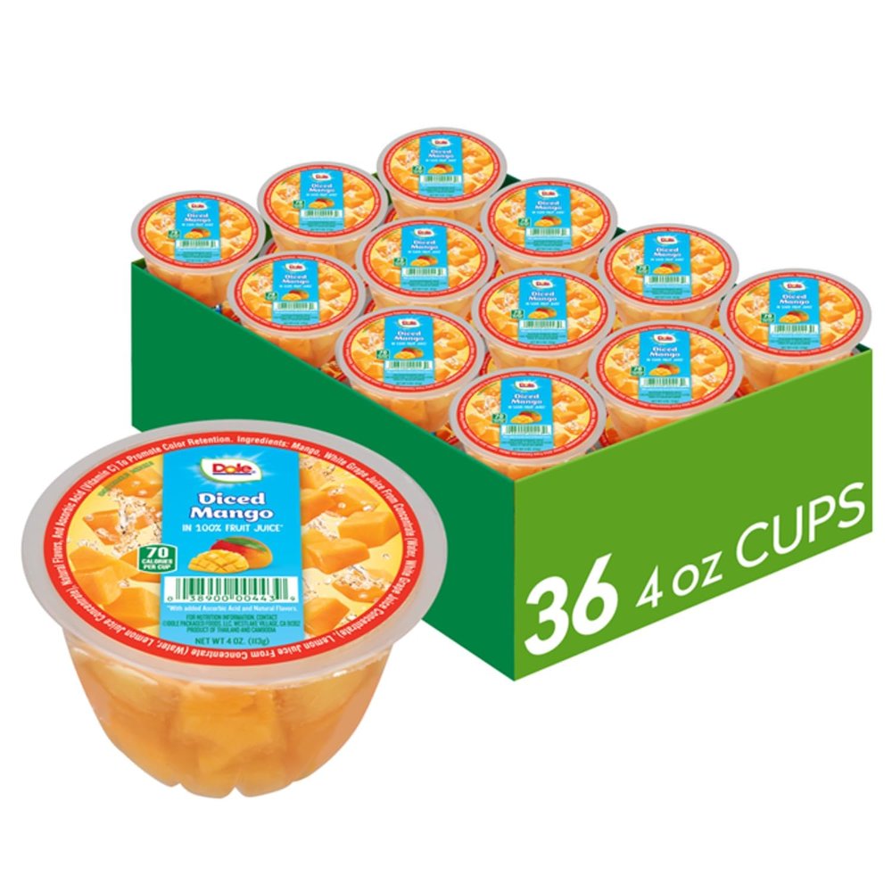 Dole Fruit Bowls Diced Mango in 100% Juice Snacks, 4oz 36 Total Cups, Gluten & Dairy Free, Bulk Lunch Snacks for Kids & Adults