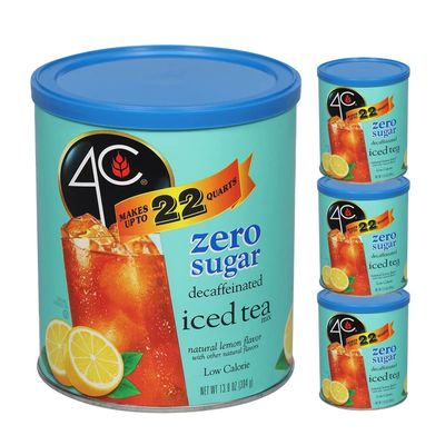 4C Zero Sugar Powdered Drink Mix Cannisters, Zero Sugar Decaffeinated Iced Tea 3 Pack, 22 Quarts, Family Sized Cannister, Low Calorie, Thirst Quenching Flavors