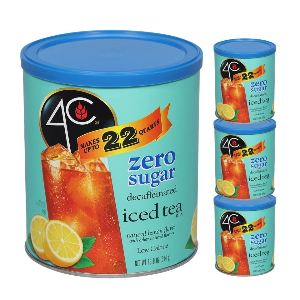 4C Zero Sugar Powdered Drink Mix Cannisters, Zero Sugar Decaffeinated Iced Tea 3 Pack, 22 Quarts, Family Sized Cannister, Low Calorie, Thirst Quenching Flavors