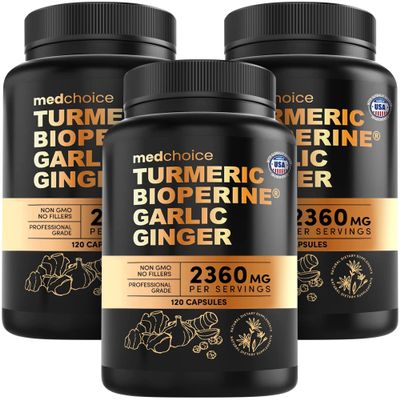 4-in-1 Turmeric and Garlic Supplements with BioPerine  2360mg Turmeric Ginger Root Capsules with Garlic  High Potency Herbal Blend (120 ct, Pack of 3)
