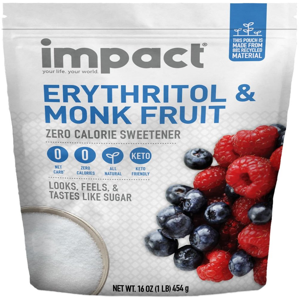Impact White Monk Fruit & Erythritol Sweetener Blend - Gluten Free, Zero Calories, Net Carbs, Keto, Vegan, Non-GMO - 1 is to 1 Sugar Substitute - 1lb