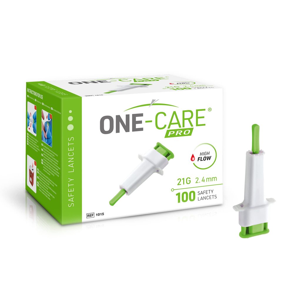 ONE-CARE PRO Safety Lancets, Top Push Button Activated, 21G x 2.4mm, 100/bx, Sterile, Convenient Sampling