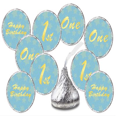 1st Birthday Kisses Stickers, One Blue Kiss Labels for Boy Happy Birthday Party, Chocolate Drop Tabletop Decorations, Candy Not Included. Made in USA