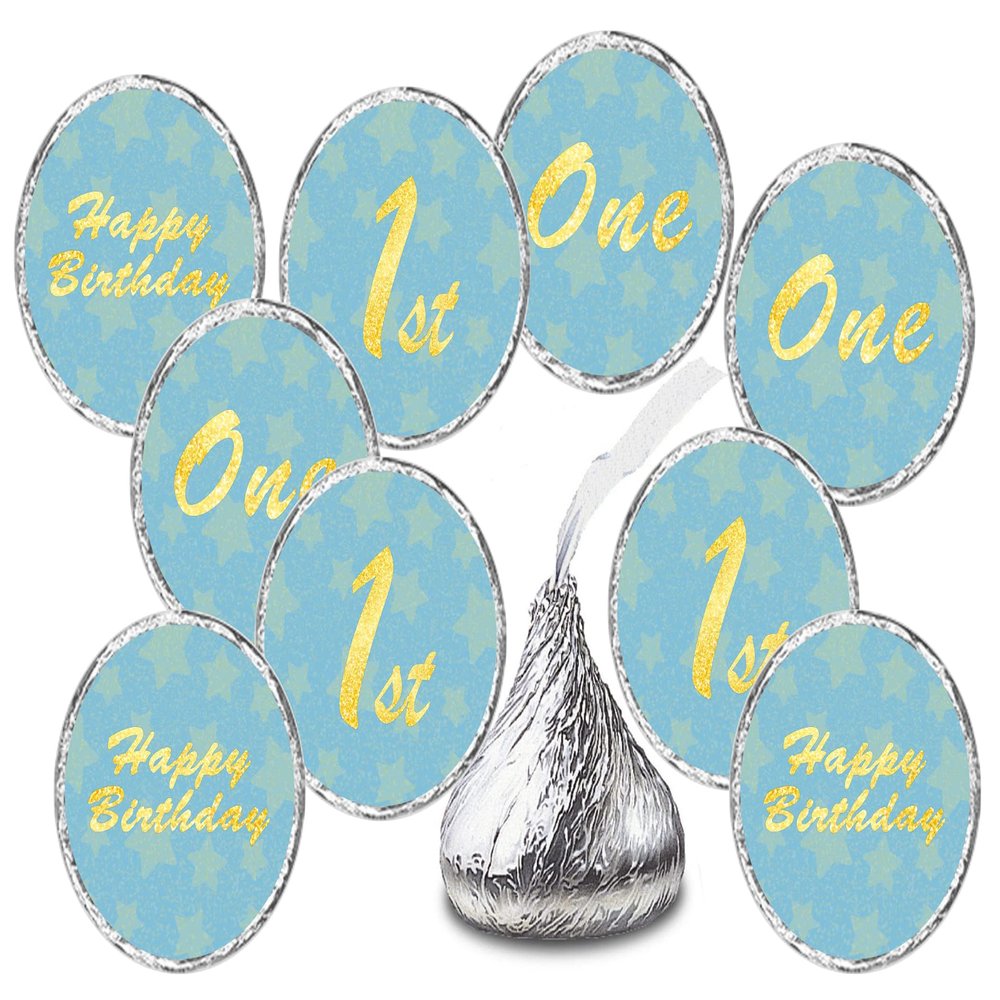 1st Birthday Kisses Stickers, One Blue Kiss Labels for Boy Happy Birthday Party, Chocolate Drop Tabletop Decorations, Candy Not Included. Made in USA