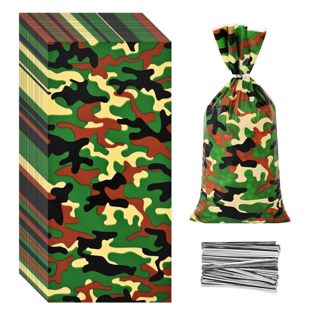 Lecpeting 100 Pcs Camouflage Treat Bags Camo Print Cellophane Candy Bags Army Party Favor with Twist Ties for Camouflage Theme Birthday Party Supplies