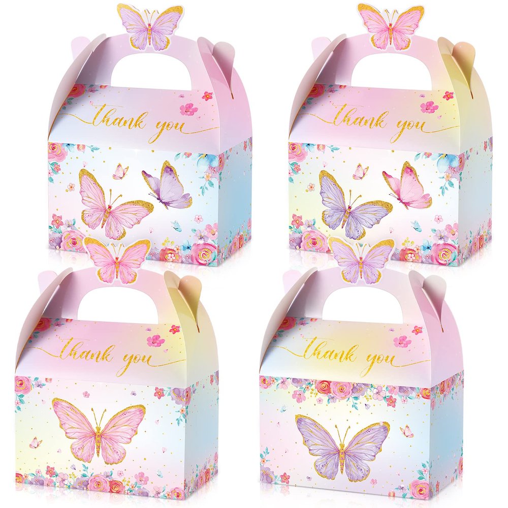 Nezyo 24 Pcs Butterfly Party Favor Treat Boxes, Pink and Purple Butterfly Floral Goodie Gable Candy Box Paper Gift Box for Birthday Party Supplies Baby Shower Wedding