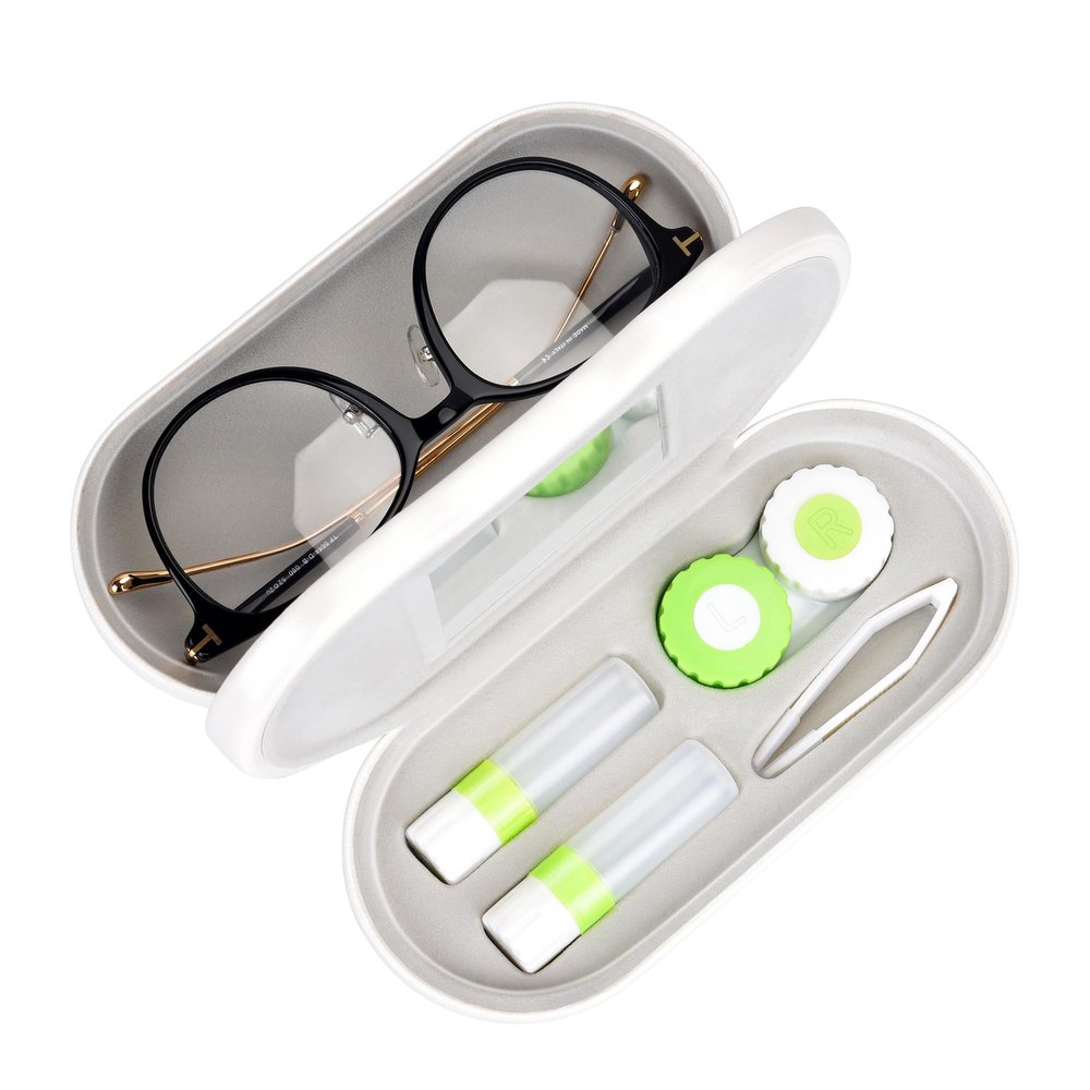 Muf 2 in 1 Double Sided Portable Contact Lens Case and Eyeglasses Case,Dual Use Design with Built-in Mirror, Tweezer and Contact Lens Solution Bottle Included for Travel Kit,Pearl White