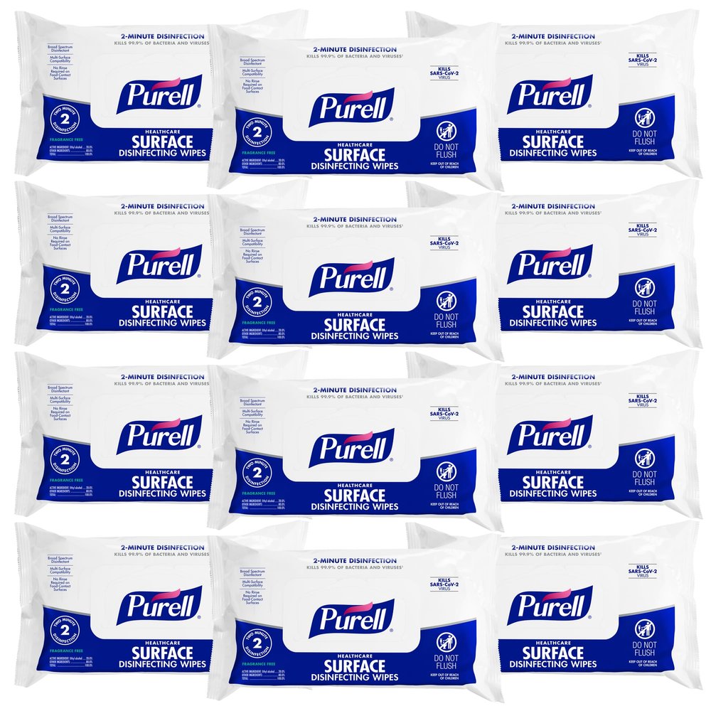 PURELL Healthcare Surface Disinfecting Wipes, 72 Count Flowpack, 7.4" x 9" Wipes (Pack of 12) 9370-12