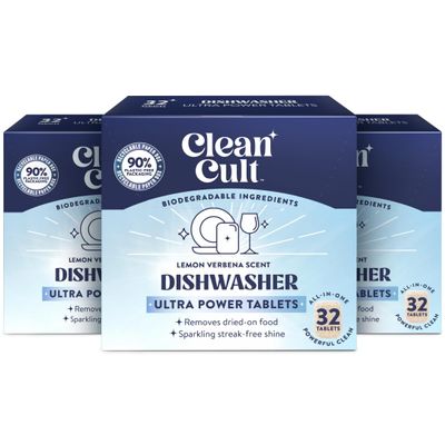 Cleancult Ultra Power Dishwasher Detergent Pods for Sparkling Streak-Free Shine, All-In-One, No Plastic Waste, 96 Count