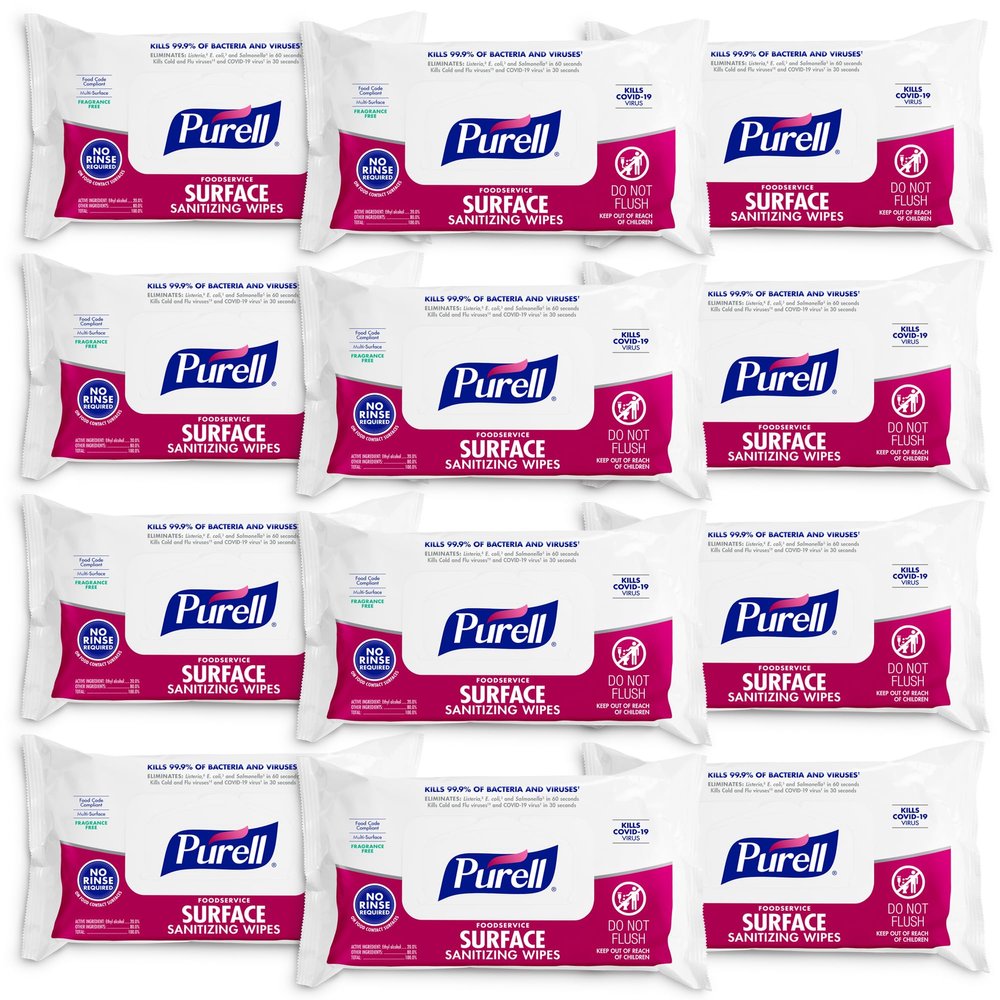 PURELL Foodservice Surface Sanitizing Wipes, 72 Count Flowpack, 7.4" x 9" Wipes (Pack of 12) 9371-12