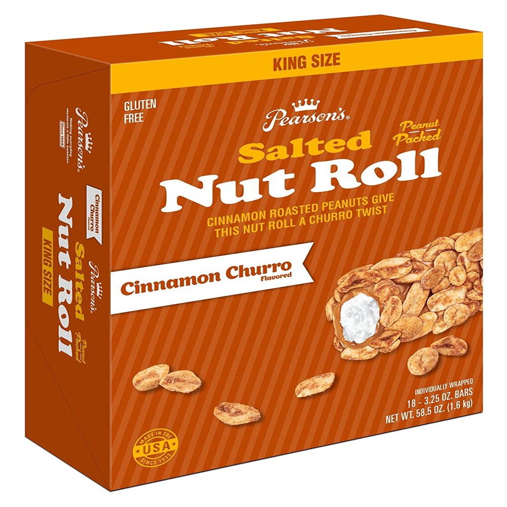 Pearson's Cinnamon Churro Salted Nut Roll | Loaded With Crunchy Roasted Peanuts, Golden Caramel, and Chewy Nougat | Pack of 18-3.25 oz. King-Sized Candy Bars
