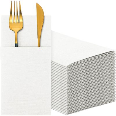 Cindeer 150 Pcs White Linen Dinner Feel Napkins with Built in Flatware Pocket Prefolded Paper Disposable Airlaid Guest Hand Towel for Silverware Wedding Reception Christmas Baby Shower