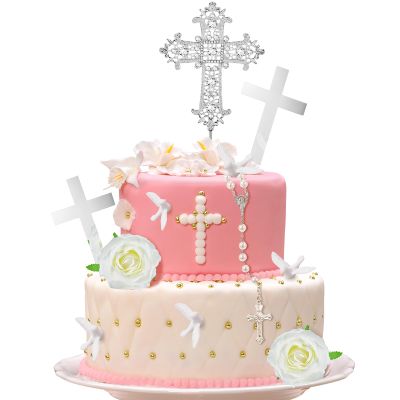 11 Pcs Religious Baptism Cake Toppers Cross Cake Topper Confirmation Decorations Mi Bautizo Cake topper Rosary Dove Flower Decor for Baptism First Christian Weddings Party Cake Decorations