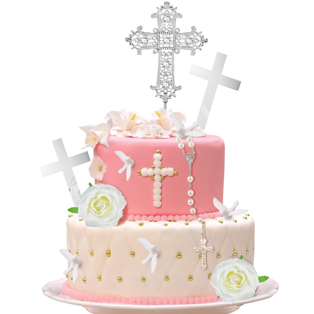11 Pcs Religious Baptism Cake Toppers Cross Cake Topper Confirmation Decorations Mi Bautizo Cake topper Rosary Dove Flower Decor for Baptism First Christian Weddings Party Cake Decorations