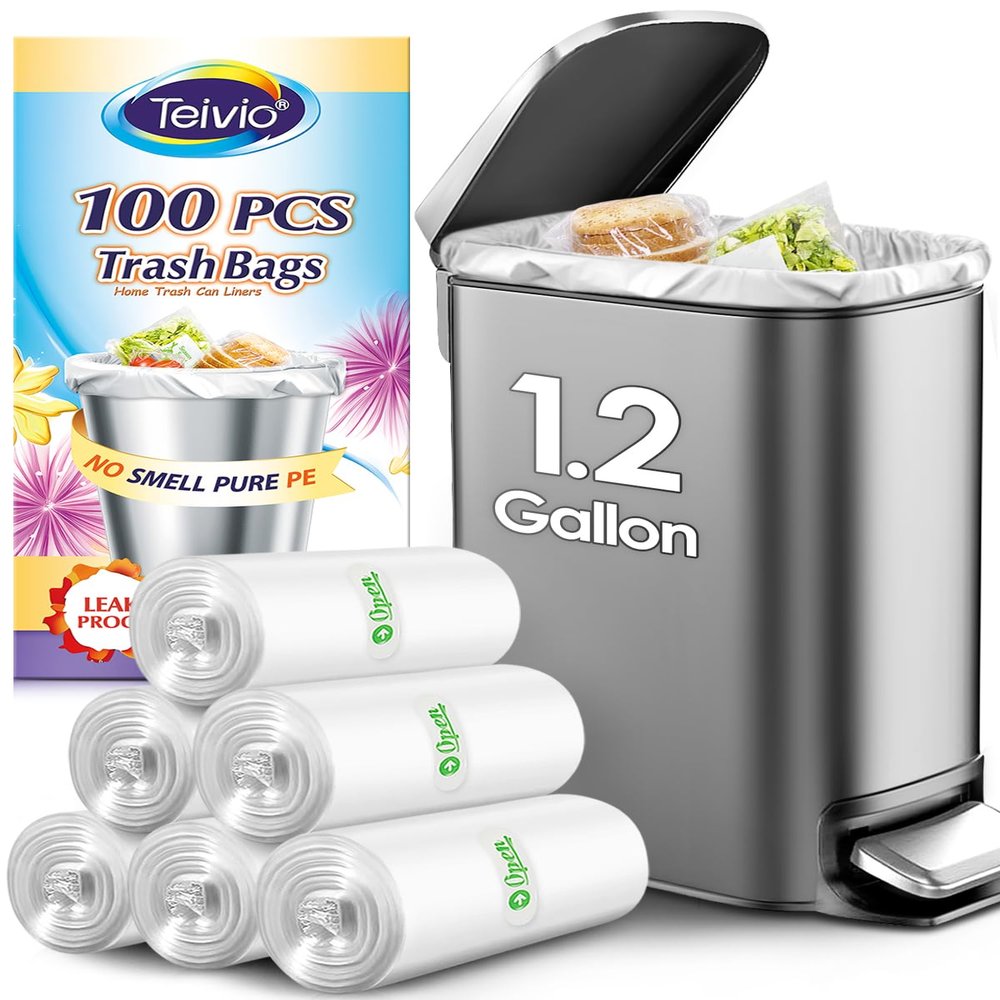 1.2 Gallon(Fit 1-1.2Gal)100 Counts Strong Trash Bags 1 Gallon 1.2 Gallon Garbage Bags by Teivio, Waste Basket Liners,Bathroom Trash Can Bin Liners, Small Plastic Bags for Home Office Kitchen(Clear)