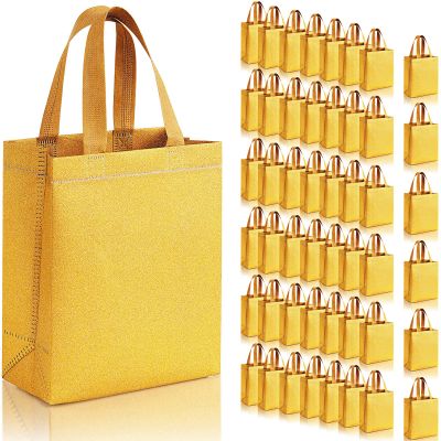 Woanger 48 Pack Christmas Glitter Gift Bags with Handle Reusable Goodie Bags Non Woven Glitter Bling Tote for Wedding Birthday Bridal Shower Holiday Party(7.9 x 3.9 x 9.8 Inch,Gold)
