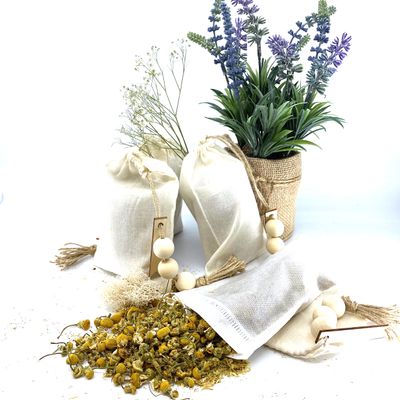 100% Naturally Dried Chamomile Flowers, Jute & Wooden Beaded Drawstring Sack, 1/2 oz