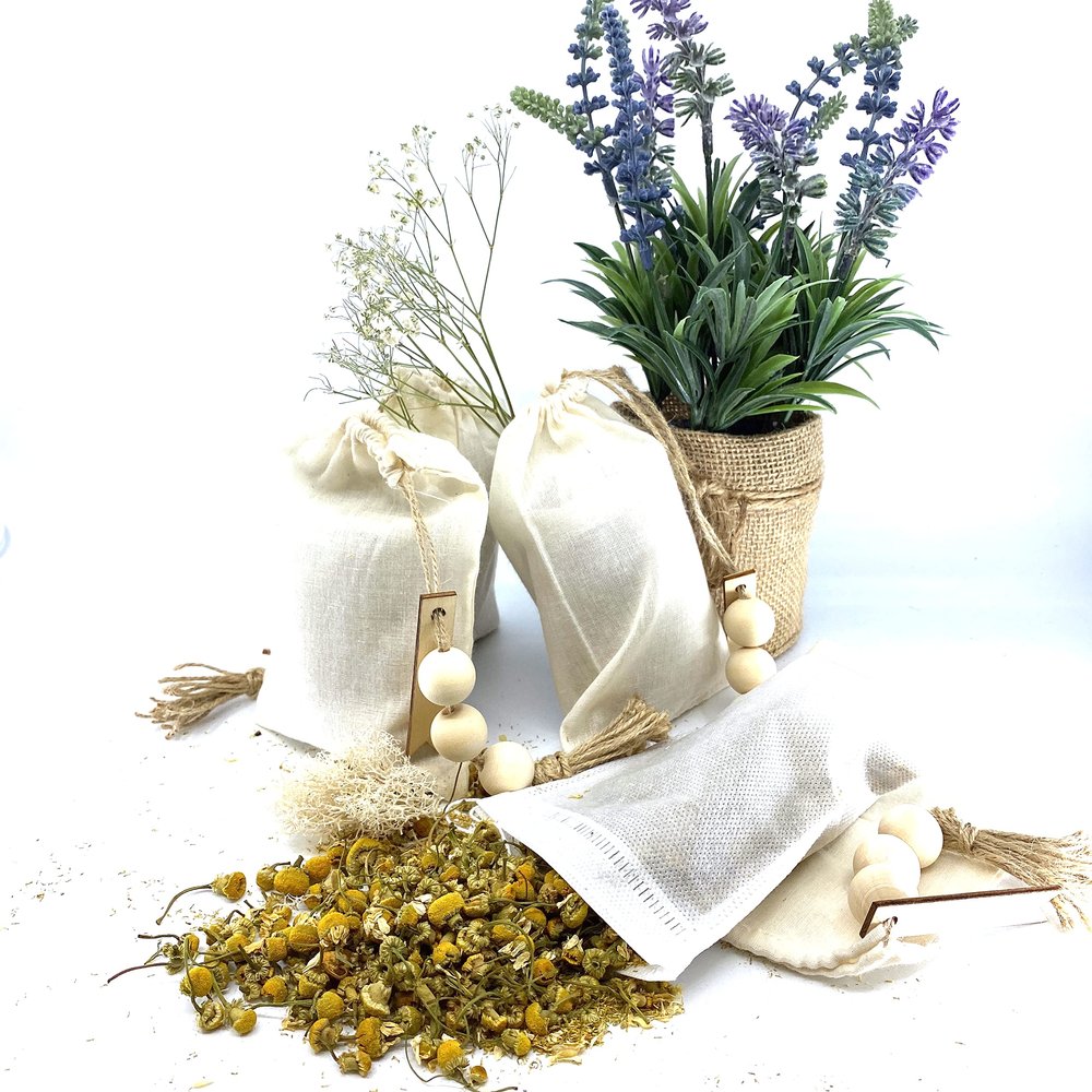 100% Naturally Dried Chamomile Flowers, Jute & Wooden Beaded Drawstring Sack, 1/2 oz