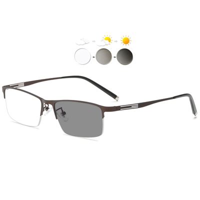 KOOSUFA Photochromic Glasses Sun Readers Eyeglasses Semi Rimless Metal Lightweight UV Protection Sunglasses Eyewear for Men Darken In Sunlight, Brown