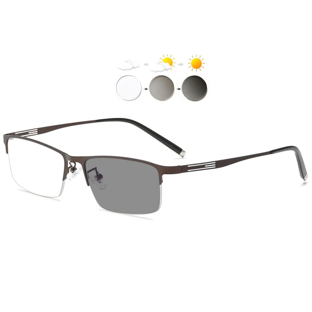 KOOSUFA Photochromic Glasses Sun Readers Eyeglasses Semi Rimless Metal Lightweight UV Protection Sunglasses Eyewear for Men Darken In Sunlight, Brown