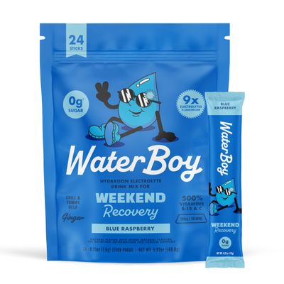 Waterboy Weekend Recovery | 3,200mg Electrolyte Powder Packets | Ginger + L-Theanine + Vitamins | No Sugar, All Natural, Gluten Free | 24 Drink Stick Mixes (Blue Raspberry)