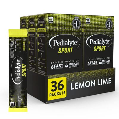 Pedialyte Sport Electrolyte Powder, Fast Hydration with 5 Key Electrolytes for Muscle Support Before, During, & After Exercise, Lemon Lime, 0.49-oz Packets (36 Count)