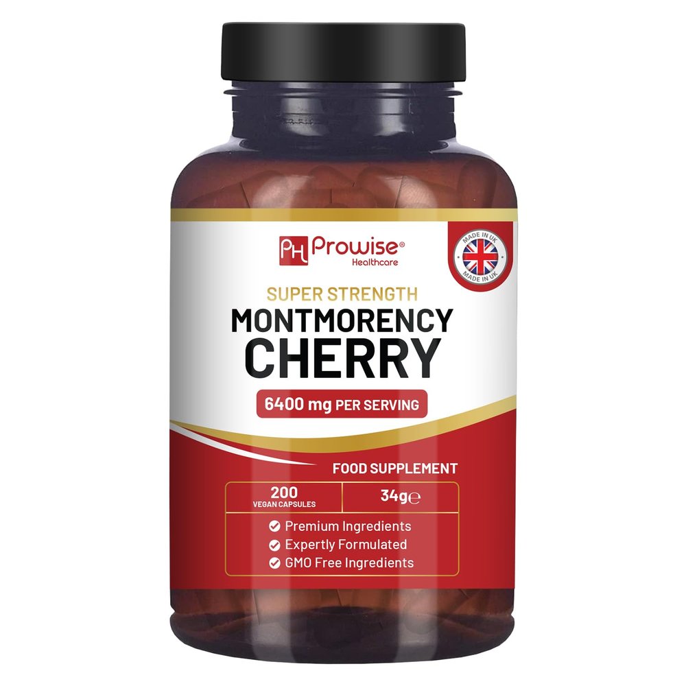 Montmorency Cherry 6400mg - 200 Tart Cherry Capsules - Natural Tart Cherry Extract Supplement for Men & Women Super Strength, Gluten Free, Vegan and GMO Free - Made in The UK by Prowise