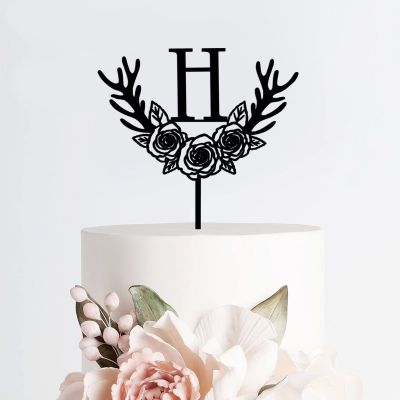 Floral Monogram Cake Topper Letter A-Z Initial H Cake Topper Rustic Wedding Cake Topper Black Acrylic Cake Decor Birthday Party Favor Supplies Anniversary Party Decoration