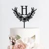 Floral Monogram Cake Topper Letter A-Z Initial H Cake Topper Rustic Wedding Cake Topper Black Acrylic Cake Decor Birthday Party Favor Supplies Anniversary Party Decoration view 1