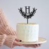 Floral Monogram Cake Topper Letter A-Z Initial H Cake Topper Rustic Wedding Cake Topper Black Acrylic Cake Decor Birthday Party Favor Supplies Anniversary Party Decoration view 2