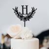 Floral Monogram Cake Topper Letter A-Z Initial H Cake Topper Rustic Wedding Cake Topper Black Acrylic Cake Decor Birthday Party Favor Supplies Anniversary Party Decoration view 3