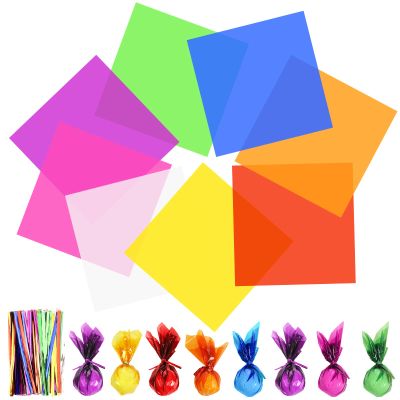 Tallew 40 Pcs 14 x 14 Inch Colored Cellophane Paper Cello Sheets Wraps Multi-Colored Cellophane Transparent Gift Wrap with 120 Pcs Metallic Twist Ties, for DIY Arts Crafts Gifts Treats Candy Wrapping