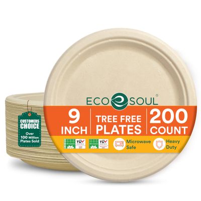 ECO SOUL 9 Inch Compostable Disposable Paper Plates [200 Pack] Food Safe 100% Virgin Bagasse Pulp Heavy Duty Biodegradable Microwave Safe Large Round Dinner Plate for Party, Picnic & BBQ (Brown)