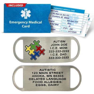 Autism Identification Shoe Tags for Nonverbal Durable Stainless Steel Medical ID with Waterproof & Weatherproof Design Custom Engraving, Medical Alert Symbol, Wallet Card, & Online Medical Portal