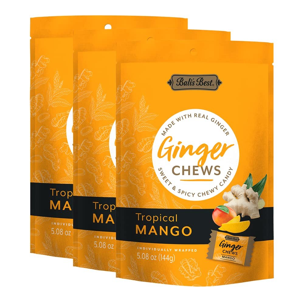 Bali's Best Ginger Chews, Tropical Mango Flavor, 5.08 Oz (Pack of 3), Individually Wrapped Soft Candy, Made with 100% Real Ginger, Digestive Health Support, Upset Stomach Relief, Halal