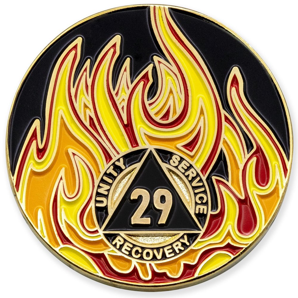 1 to 40 Year Twisted Flames Sobriety Coin - Gold Plated AA Chips & Medallions - 29 Year Sobriety Coin - Black/Red/Orange/Yellow
