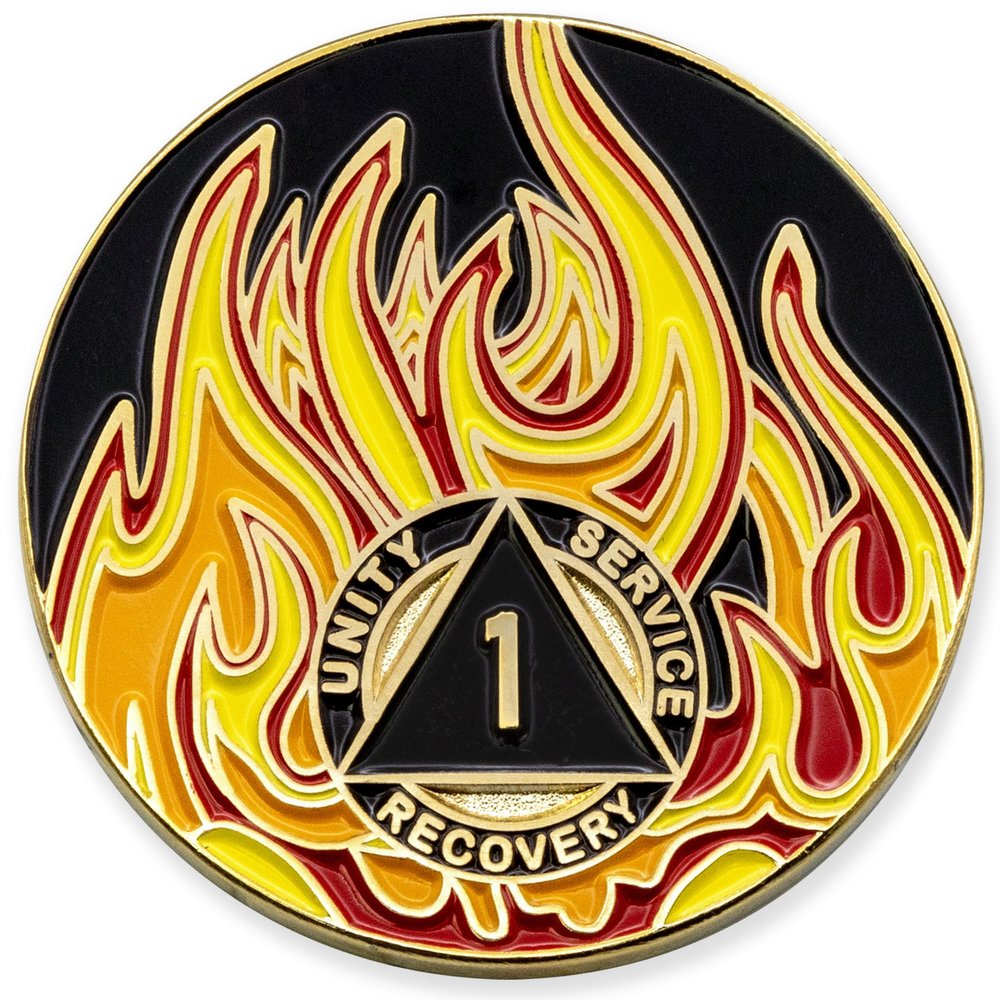 1 to 40 Year Twisted Flames Sobriety Coin - Gold Plated AA Chips & Medallions - 1 Year Sobriety Coin - Black/Red/Orange/Yellow