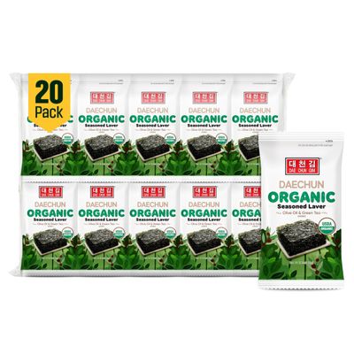 CHOI's 1 Organic Olive Oil & Green Tea Seaweed Snacks /(20 Pack) /Product of Korea/Kimbap, Gimbap, Organic, Organic Olive Oil, Oragnic Sesame Oil, Vegan, Keto, Gluten Free