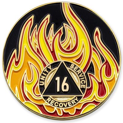 1 to 40 Year Twisted Flames Sobriety Coin - Gold Plated AA Chips & Medallions - 16 Year Sobriety Coin - Black/Red/Orange/Yellow