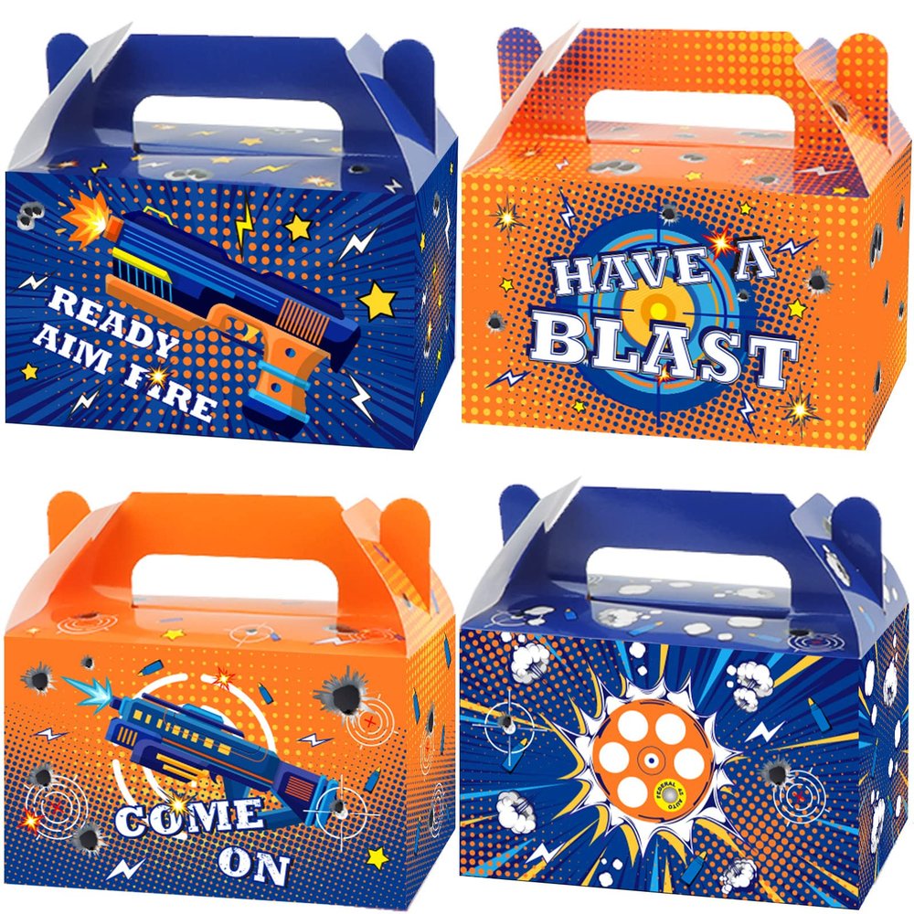 12 Pcs Dart War Party Favor Boxes Dart Battle Goodies Candy Treat Boxes Game Dart Theme Gift Bags for Kids Boys Blue and Orange Birthday Party Baby Shower Decorations Supplies 6 x 3 x 3.5 Inches