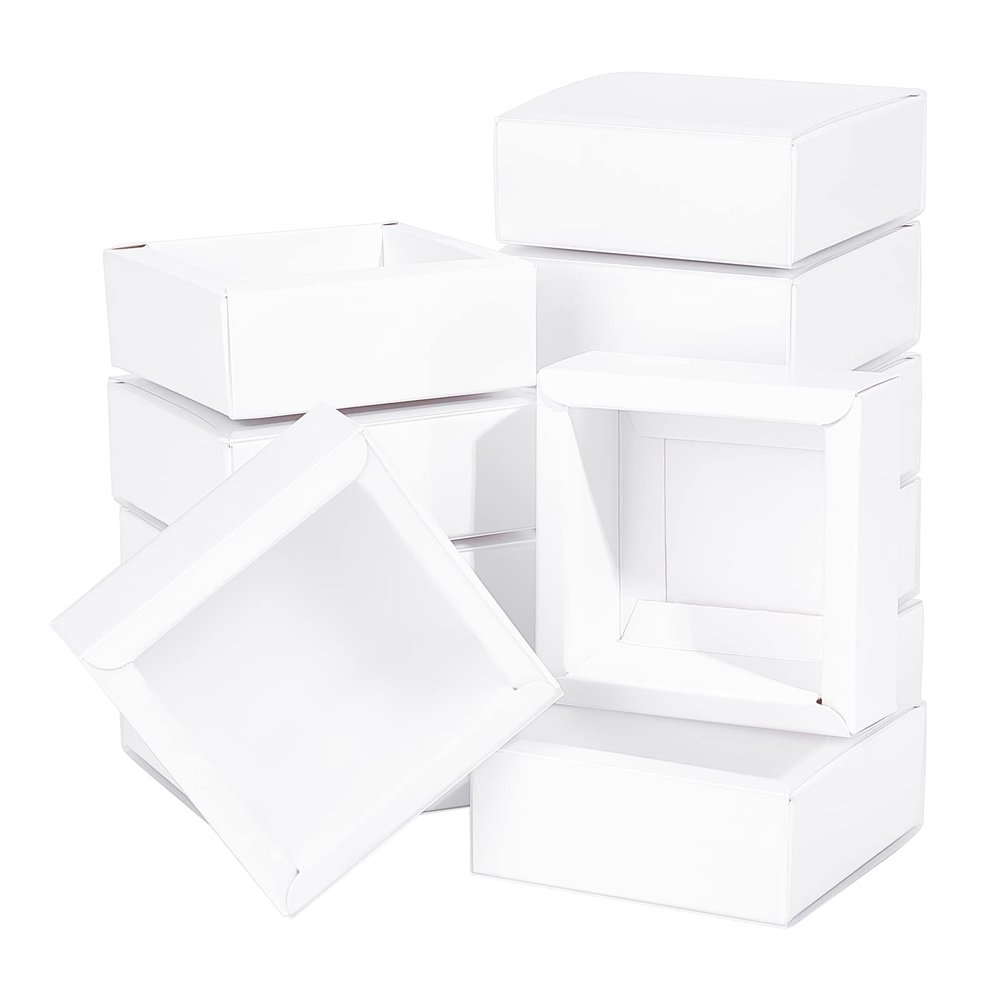 BENECREAT 16 Packs 3.3x3.3x1.3inch Clear Frosted PVC Cover Drawer Boxes, Square White Kraft Present Packaging Boxes for Party Favor Treats, Bakery, and Jewelry Packaging