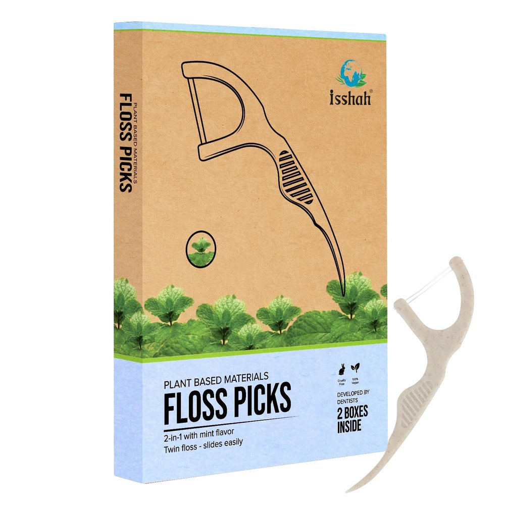 Natural Dental Floss Picks (100 Count) - Vegan, Eco Friendly, Sustainable Dental Flossers - Twin Floss (Mint)