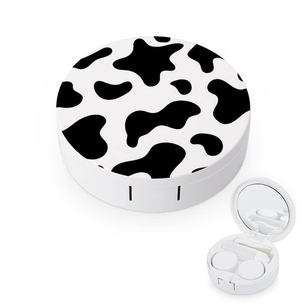 Bagea-Ka Cowhide Milk Cow Print Contact Lens Case Box Eye Care Kit Holder Mirror Box with Tweezers Remover Tool Solution Bottle for Outdoor Travel & Home