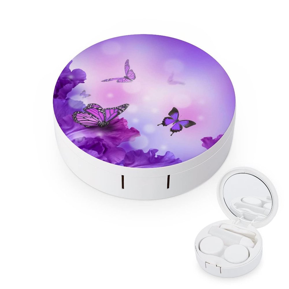 Bagea-Ka Butterfly on Purple Flowers Pattern Contact Lens Case Box Eye Care Kit Holder Mirror Box with Tweezers Remover Tool Solution Bottle for Outdoor Travel & Home