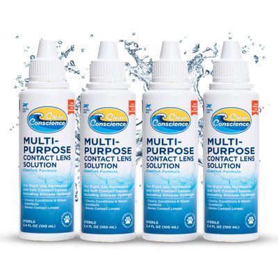 Cruelty-Free Multipurpose Contact Solution Travel Size - Mild Cleaner & Conditioner for Eye Contact Lens Care by Clear Conscience, 3 Fl oz (4 Pack)