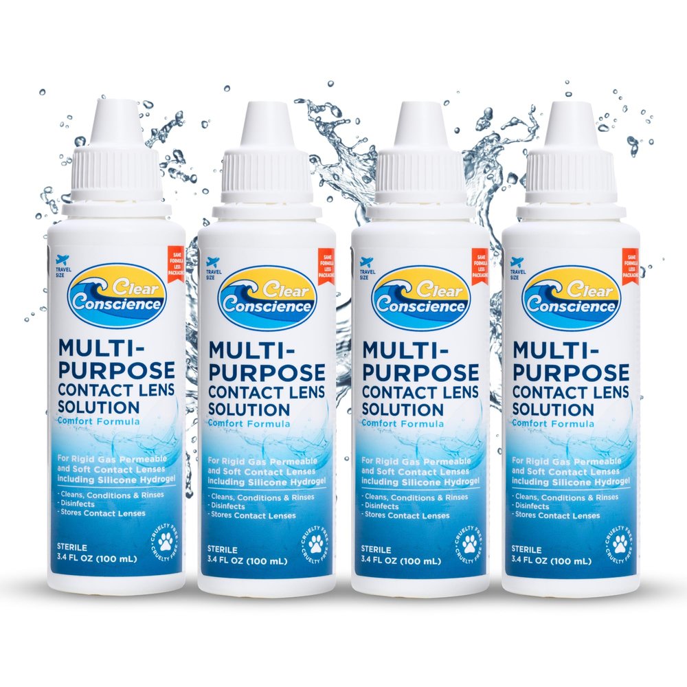 Cruelty-Free Multipurpose Contact Solution Travel Size - Mild Cleaner & Conditioner for Eye Contact Lens Care by Clear Conscience, 3 Fl oz (4 Pack)