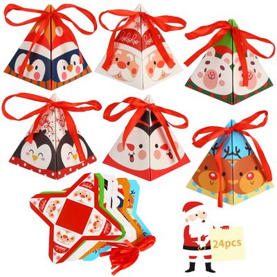LOKIPA 24PCS Christmas Candy Boxes - 6 Styles Xmas Paper Boxes with Ribbon Triangle Sweet Boxes for Christmas Party Supplies