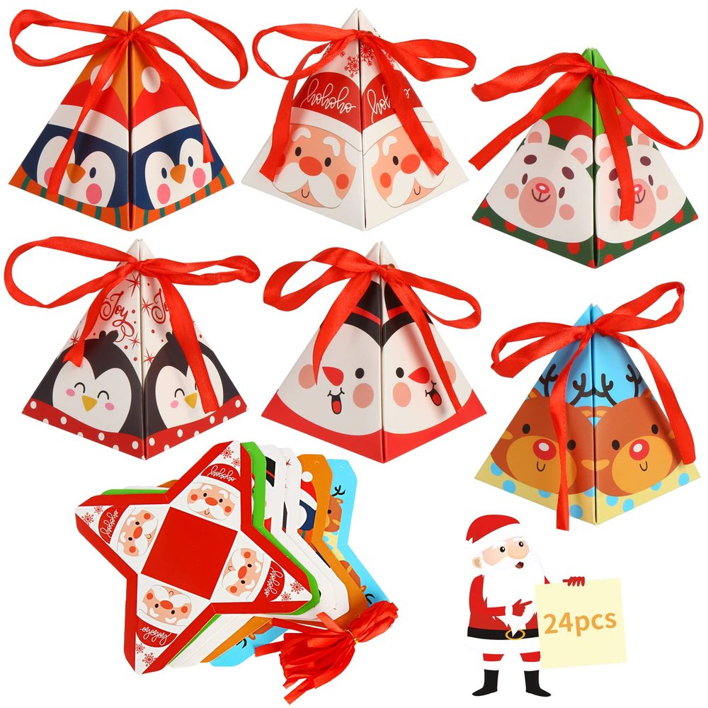 LOKIPA 24PCS Christmas Candy Boxes - 6 Styles Xmas Paper Boxes with Ribbon Triangle Sweet Boxes for Christmas Party Supplies