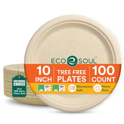 ECO SOUL 10 Inch Compostable Disposable Paper Plates [100 Pack] Food Safe 100% Virgin Bagasse Pulp Heavy Duty Biodegradable Microwave Safe Large Round Dinner Plate for Party, Picnic & BBQ (Brown)