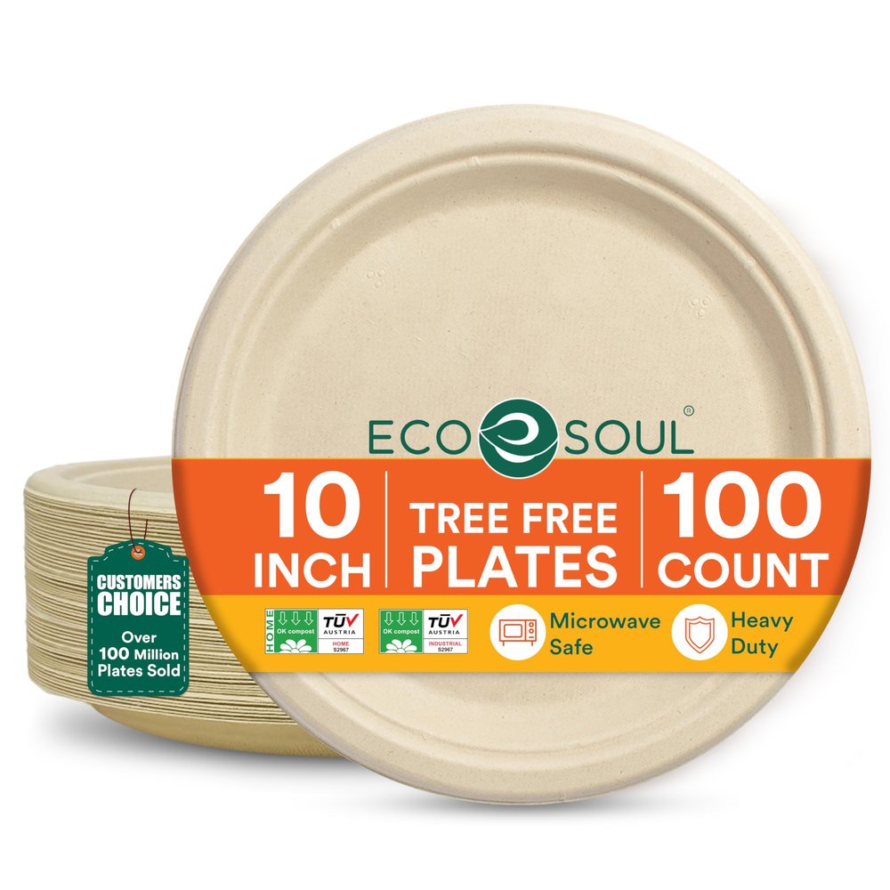 ECO SOUL 10 Inch Compostable Disposable Paper Plates [100 Pack] Food Safe 100% Virgin Bagasse Pulp Heavy Duty Biodegradable Microwave Safe Large Round Dinner Plate for Party, Picnic & BBQ (Brown)